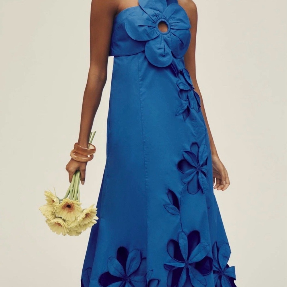 ANTHROPOLOGIE One-Shoulder Cutwork Dress Sz XXS Blue Floral Appliqué STUNNING - Picture 2 of 13